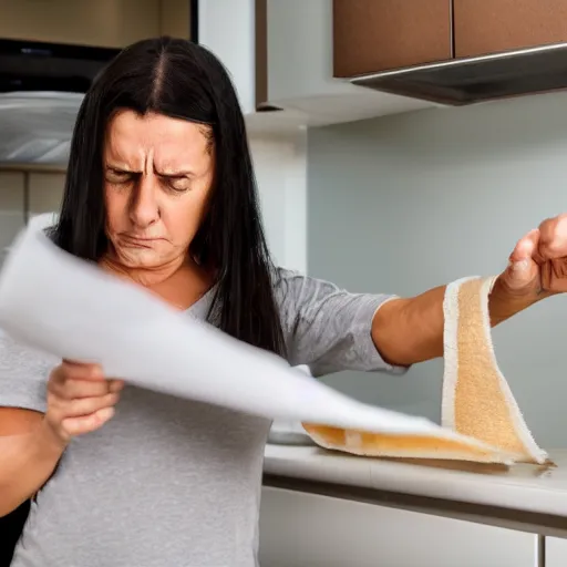 Image similar to a photo of a woman losing her patience because she can't find the paper towel