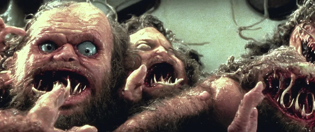 Image similar to filmic extreme wide shot movie still 4 k uhd interior 3 5 mm film color photograph of a bearded man with living teeth and tentacles grabbing another man who is screaming oh my god in the style of the horror film the thing 1 9 8 2