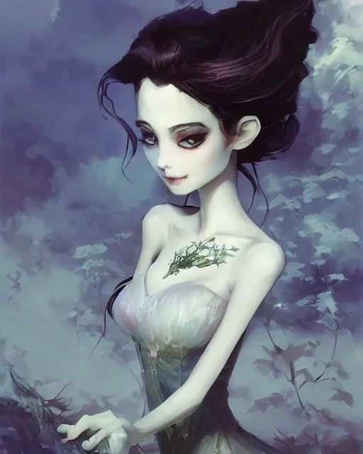 Image similar to elegant mysterious solemn victoria everglot from the corpse bride, portrait, illustration, rim light, top light, summer clear blue sky, perfectly shaded, soft painting, art by krenz cushart and wenjun lin