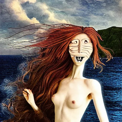 Prompt: A beautiful collage of a human-like creature with long, stringy hair. The figure has no eyes, only a mouth with long, sharp teeth. The creature is standing on a cliff overlooking a dark, foreboding sea. anime, formicapunk by John Anster Fitzgerald, by Storm Thorgerson lavish