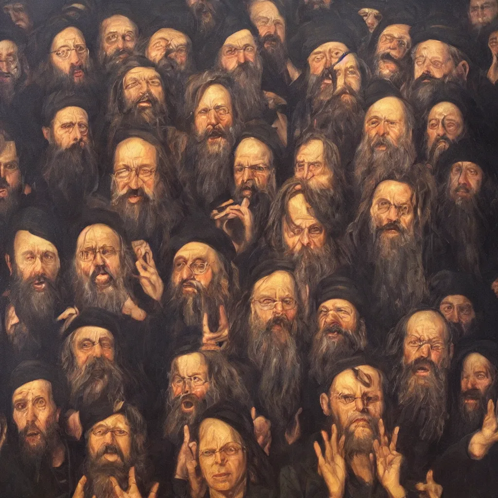 Image similar to oil painting by christian rex van minnen portrait of jewish chabad cult, extremely bizarre disturbing, intense chiaroscuro lighting perfect composition masterpiece intense emotion