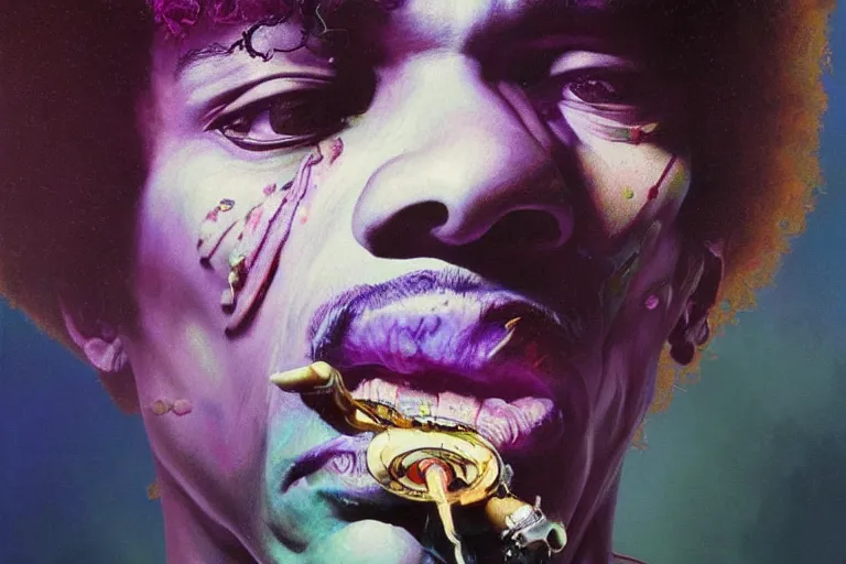 Image similar to A Weirdcore Mesmerizing 8k hyperrealistic Photo Portrait jimi hendrix transforming into a purple haze, soft, sharp focus, detailed, painted by Caravaggio, Greg rutkowski, Sachin Teng, Thomas Kindkade, Alphonse Mucha, Norman Rockwell, Tom Bagshaw