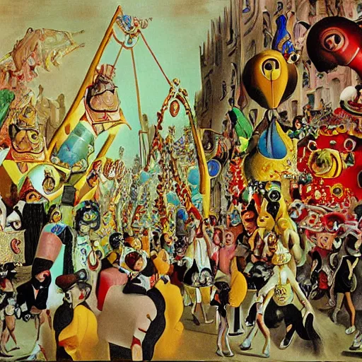 Image similar to feverish allucinations on a carnival parade by dali