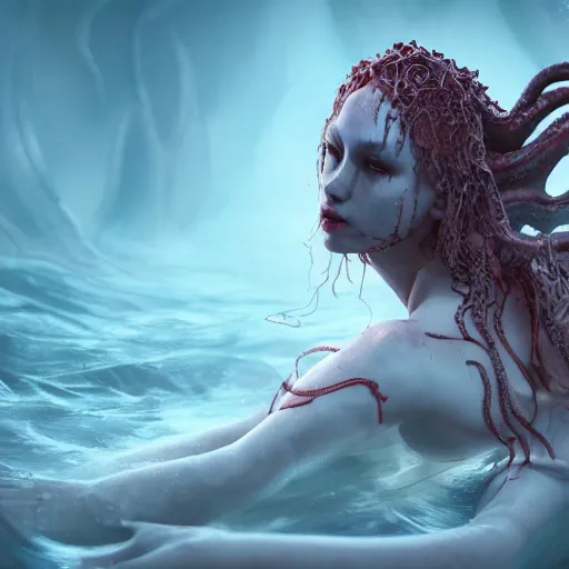 Image similar to beautiful, terrifying, demonic, full body female, with the body of a goddess, a beautiful porcelain face, with parasitic tentacles crawling up her, in a underwater horror scene, photo realistic, dramatic cinematic lighting, octane render, 4k, ultra detailed,