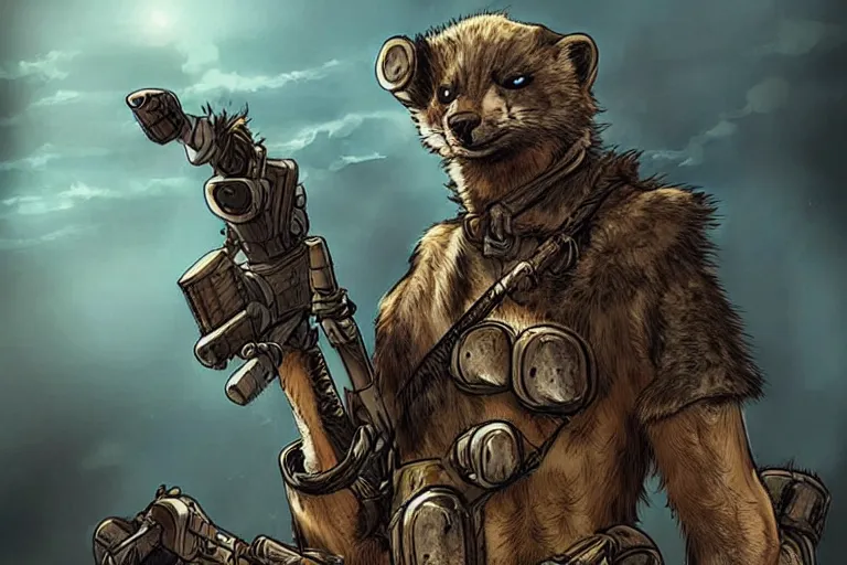 Image similar to a good ol'weasel fursona ( from the furry fandom ), heavily armed and armored facing down armageddon in a dark and gritty version from the makers of mad max : fury road. witness me.