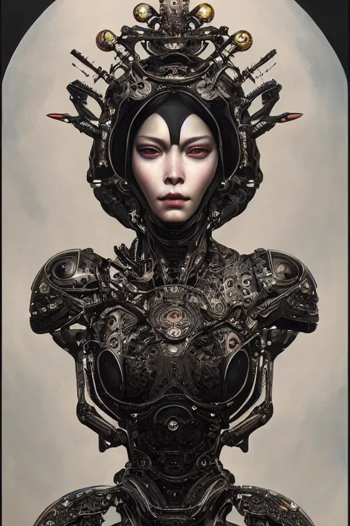 Image similar to ultra realist intricate detailed painting of a single new baroque attractive martian female, full body, curvy, black scales and cyborg tech, symmetry accurate features, very intricate details, focus, 8k render, artstyle Hiraku Tanaka and Tom Bagshaw, award winning