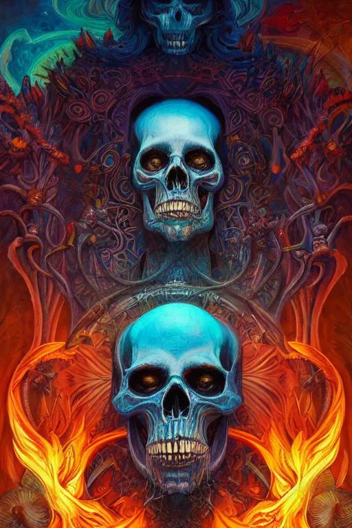 Image similar to gigantic psychedelic demonic cosmic skull of death and fire, fantasy painting, ultra realistic, wide angle, art nouveau, intricate details, digital painting, rainbowshift, vivid colors, highly detailed by peter mohrbacher, h. r. giger, maxfield parrish, craig mullins, octane render, cgi