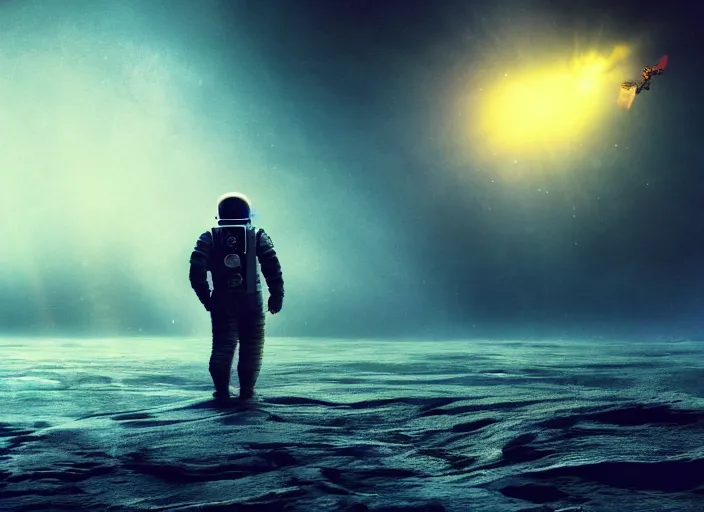 Image similar to astronaut holding a flag in an underwater desert. a submarine is visible in the distance. dark, concept art, cinematic, dramatic, atmospheric, 8 k, trending on artstation, blue, fish, low visibility, fog, ocean floor, christopher nolan, interstellar