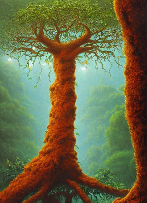 Prompt: ayahuma tree with few small orange fruits looking like an ent, art by christophe vacher