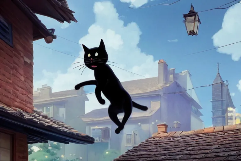 Image similar to a wholesome animation key shot of a black cat jumping between roofs with tiles, medium shot, studio ghibli, pixar and disney animation, sharp, rendered in unreal engine 5, anime key art by greg rutkowski, bloom, dramatic lighting