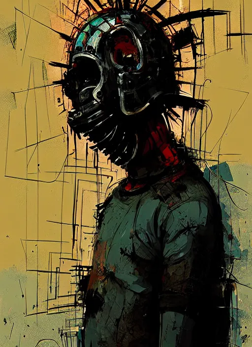 Image similar to horror art, clive barker prisoner inside a torture helmet, art by ismail inceoglu
