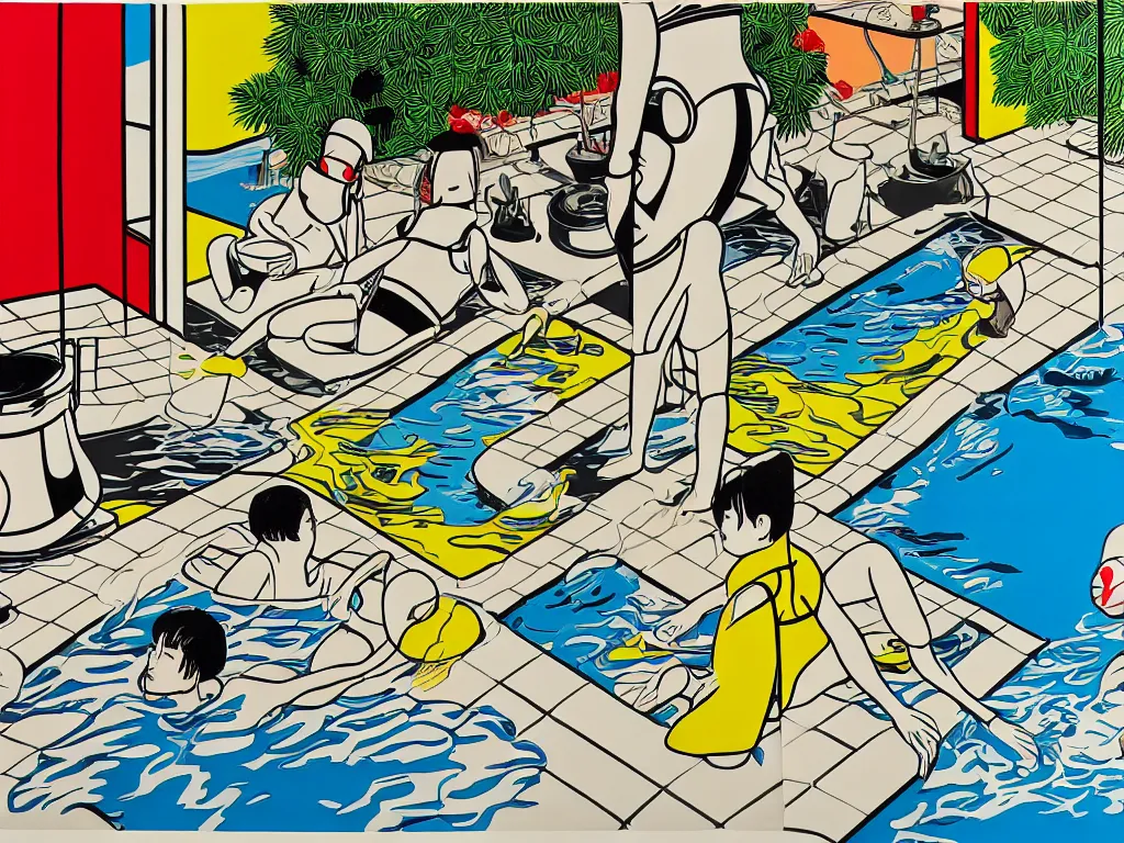 Image similar to hyperrealism composition of the japanese house with a hot springs in the garden, two detailed stormtroopers bathe in a hot spring, pop - art style, jacky tsai style, andy warhol style, roy lichtenstein style, acrylic on canvas