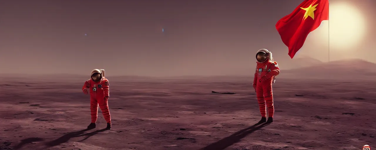 Prompt: an cosmonaut in red on white on yellow costume holding vietnam flag, standing on the moon spaceship in the background, wide angle cinematic composition, concept art by greg rutkowski, octane render