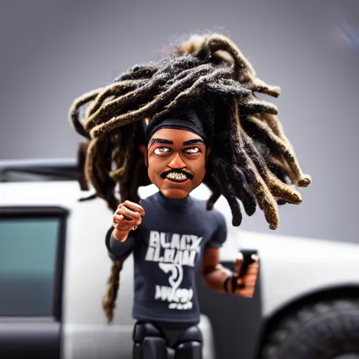 Image similar to black man action figure with dreads standing on top of a black rc pickup truck, close up photograph, white background