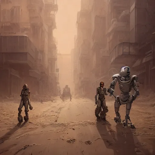 Image similar to two robots in power armor fleeing in a sand covered street, horrible smoke monster made of bones, post apocalypse, ruined subdivision houses, Sci Fi, intricate, elegant, highly detailed, digital painting, artstation, concept art, matte, sharp focus, illustration, art by Greg Rutkowski and Alphonse Mucha