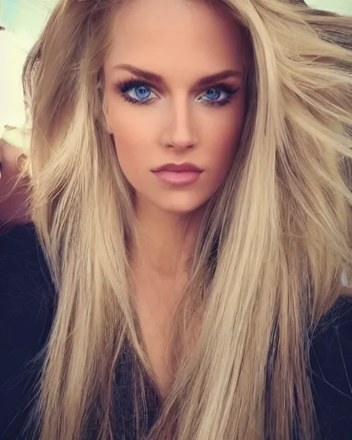 Prompt: beautiful woman with long blonde hair and light eyes