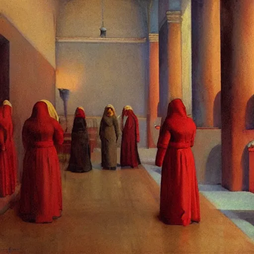 Prompt: procession of red and gold women in a soviet abandoned temple, dripping watercolor by hammershøi, highly detailed, art nouveau wallpaper, lights by edward hopper, liminal, eerie, pastel colors, limited palette