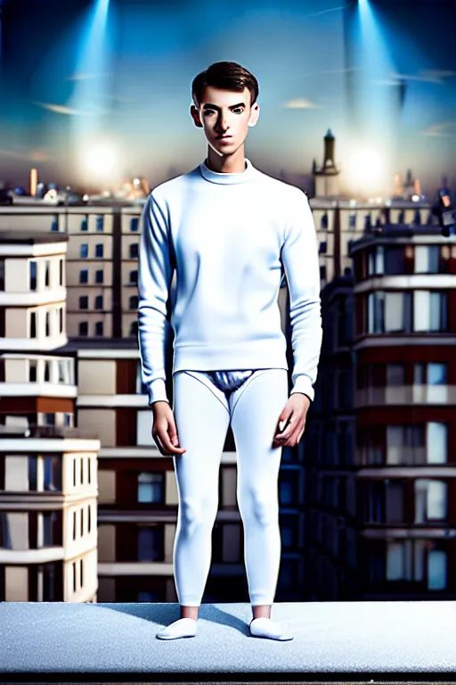 Image similar to un ultra high definition studio quality photographic art portrait of a young man standing on the rooftop of a british apartment building wearing soft padded silver pearlescent clothing. three point light. extremely detailed. golden ratio, ray tracing, volumetric light, shallow depth of field. set dressed.