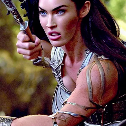 Prompt: megan fox as the greek goddess athena in battle, scene from live action movie