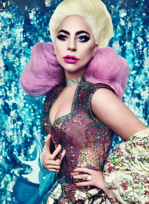 Image similar to lady gaga photohoot artpop disney princess, vogue magazine, fairytale, Highly realistic. High resolution. Highly detailed. Dramatic. 8k.4k.