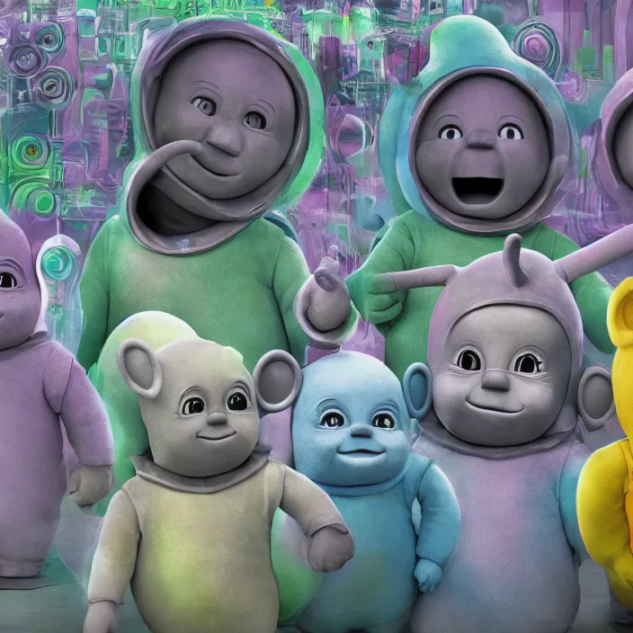 Image similar to teletubbies, photorealism by h. r. giger, tim burton, full colour spectrum, iridescent specular highlights, supersampled, 8 k, beautify