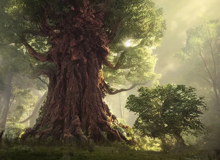 Prompt: huge tree as a rubic cube on a forest, au naturel, hyper detailed, digital art, trending in artstation, cinematic lighting, studio quality, smooth render, unreal engine 5 rendered, octane rendered, art style by pixar and dreamworks and disney and riot