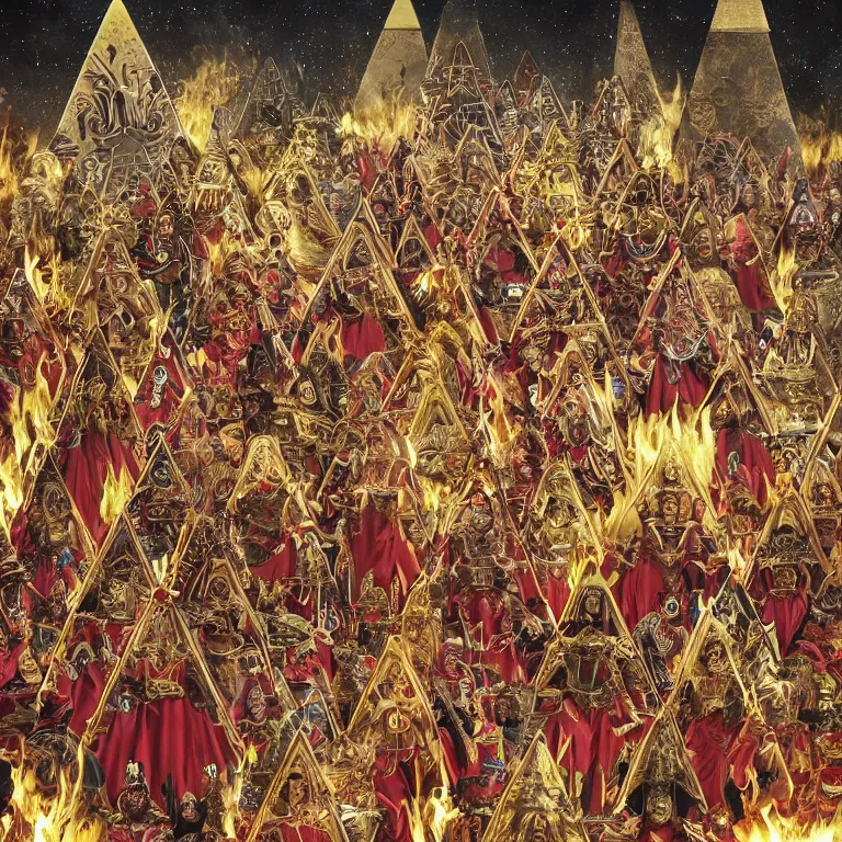 Prompt: pov of members of esoteric cult sacrificing humans next to inverted pyramids, 8mm hyper realistic and detailed, wear heavy red ornemental costumes and elongate gold masks and jewels