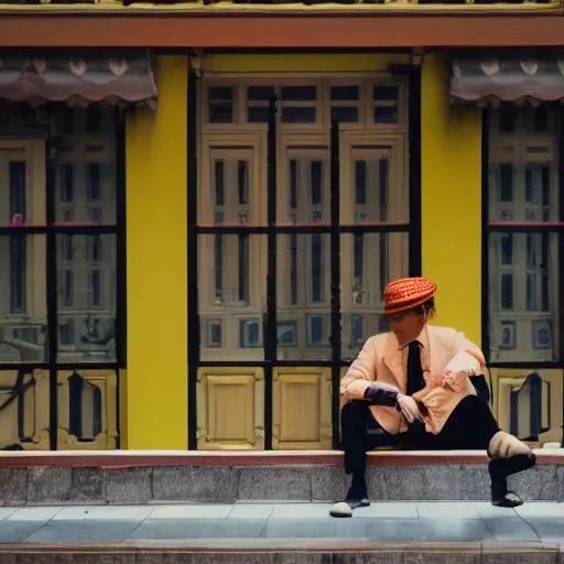 Image similar to Wes Anderson film style in ShangHai city, sharp focus , wideshot