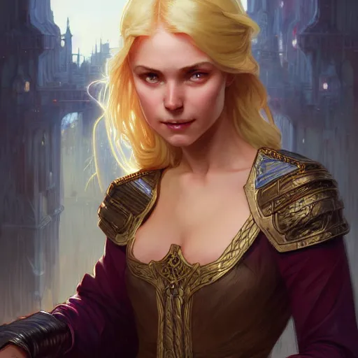 Image similar to an epic fantasy comic book style portrait painting of a young blonde girl thief, d & d, fantasy, joyful smirk, intricate, elegant, digital painting, artstation, concept art, matte, sharp focus, illustration, art by artgerm and greg rutkowski and alphonse mucha