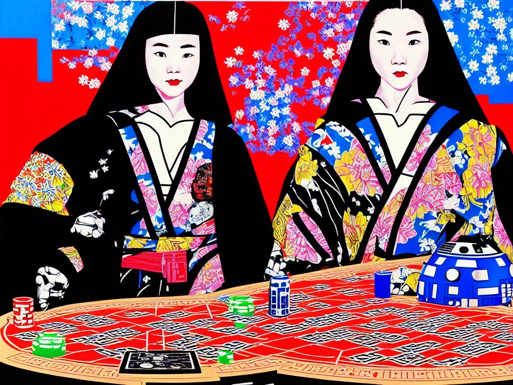 Image similar to hyperrealistic composition of the detailed woman in a japanese kimono sitting at a poker table with detailed darth vader and r 2 d 2, fireworks, mount fuji on the background, pop - art style, jacky tsai style, andy warhol style, acrylic on canvas