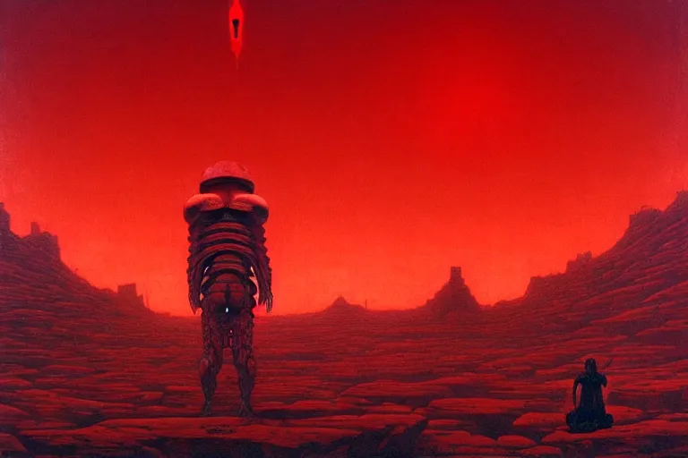 Image similar to only with red, a red god of death eat apple, a futuristic city on mars in background, floor are worms, in the style of beksinski, part by hopper, part by rodcenko, part by hofbauer, intricate composition, red by caravaggio, insanely quality, highly detailed, masterpiece, red light, artstation