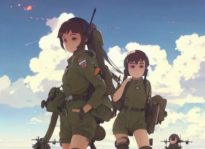 Prompt: cute pilot girl, smoky sky background battlefield landscape illustration concept art anime key visual trending pixiv fanbox by wlop and greg rutkowski and makoto shinkai and studio ghibli and kyoto animation soldier clothing military gear airplane cockpit instruments thick lineart