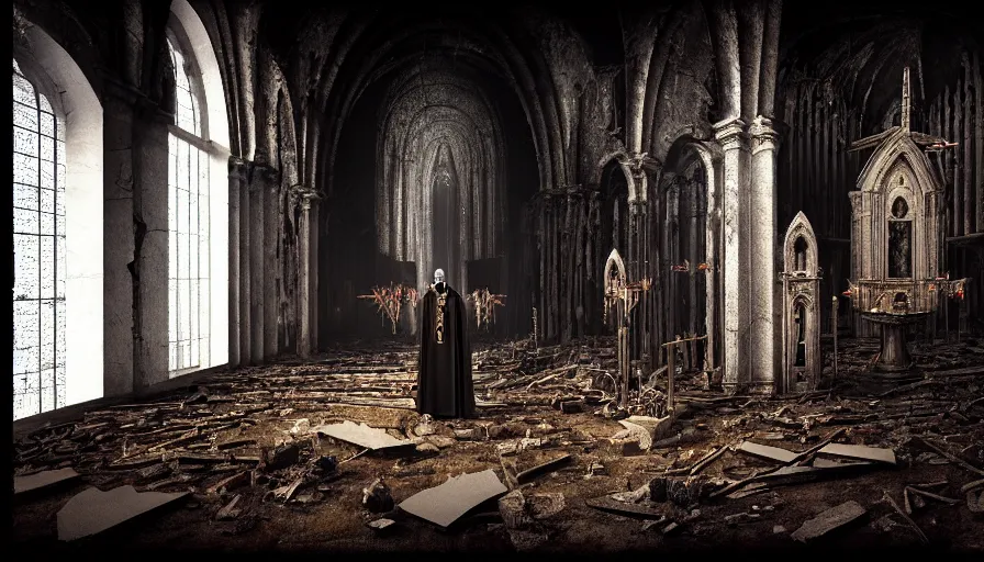 Prompt: a dark priest conducts a ceremony in the middle of a destroyed church, religion, death, fear, horror, ultra realistic, hyperrealism, by giger, by marc simonettii, polaroid, bokeh, 4 k