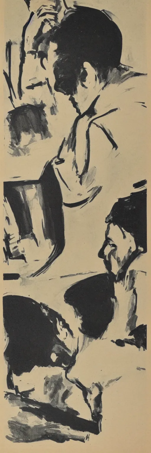 Prompt: Poster. 1960s style. man watching a lecture. side view.
