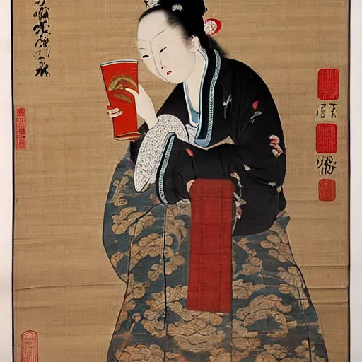 Prompt: the Chinese ancient painting of a lady drinking a beer in Tang Dynasty , by Han Xizai