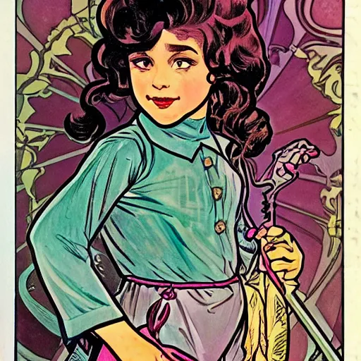 Image similar to a little girl with a mischievous face and short wavy curly brown hair. she is dressed as a knight. well composed, clean elegant painting, beautiful detailed face. comic book art by steve ditko and jack kirby and alphonse mucha