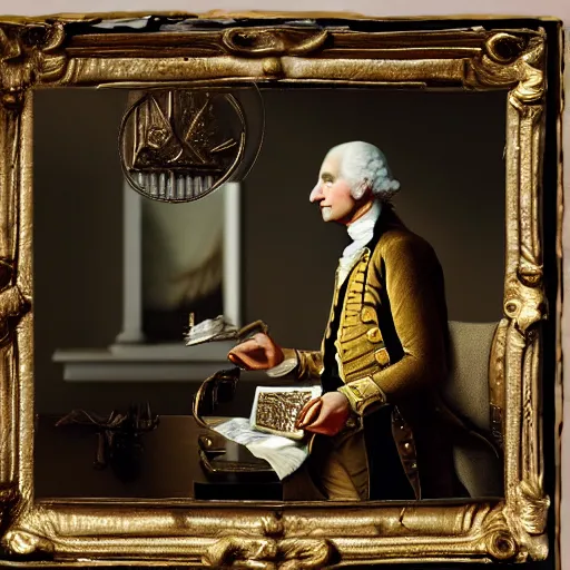 Image similar to a closeup photorealistic photograph of a happy George Washington inspecting small gold Doubloon coins at his home on Cherry Street. This 4K HD image is Trending on Artstation, featured on Behance, well-rendered, extra crisp, features intricate detail and the style of Unreal Engine.