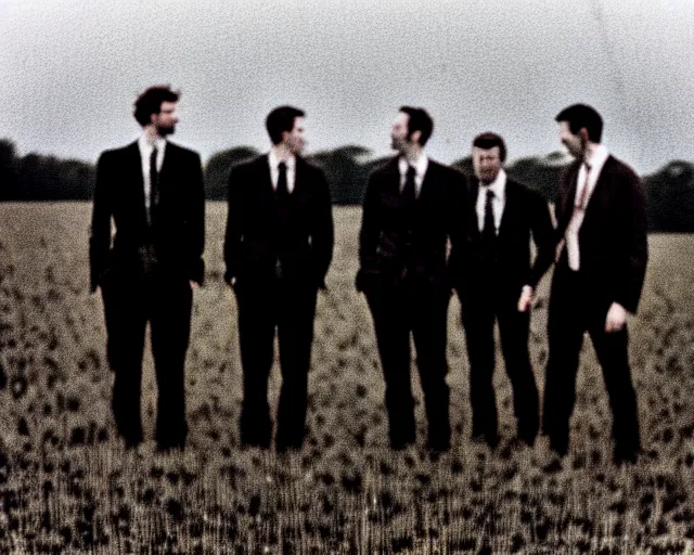 Image similar to 8 mm film, blurry, grainy, liminal, unsettling, group of tall men in suits in a field, thunderstorm, dark night