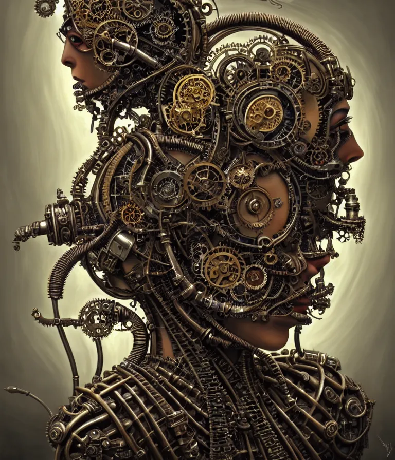 Image similar to steampunk cybernetic biomechanical krishna, front facing, symmetric, 3 d model, very coherent symmetrical artwork, unreal engine realistic render, 8 k, micro detail, intricate, elegant, highly detailed, centered, digital painting, artstation, smooth, sharp focus, illustration, artgerm, tomasz alen kopera, wlop