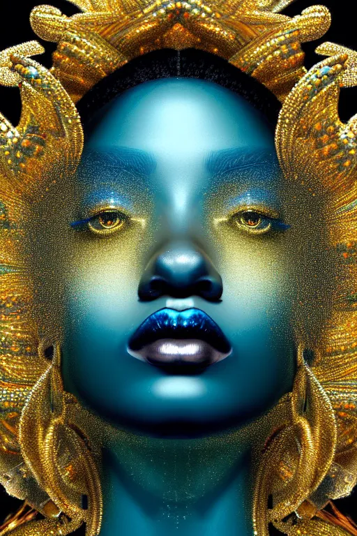 Image similar to hyperrealistic precisionist cinematic profile very expressive! black oshun goddess, staring in water!, mirror dripping droplet!, gold flowers, highly detailed face, digital art masterpiece, smooth eric zener cam de leon, dramatic pearlescent turquoise light on one side, low angle uhd 8 k, shallow depth of field