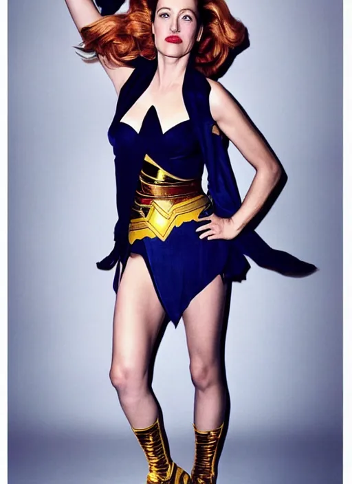 Image similar to full length photo of a gorgeous Gillian Anderson dressed as wonder woman by Mario Testino, detailed, head shot, award winning, Sony a7R