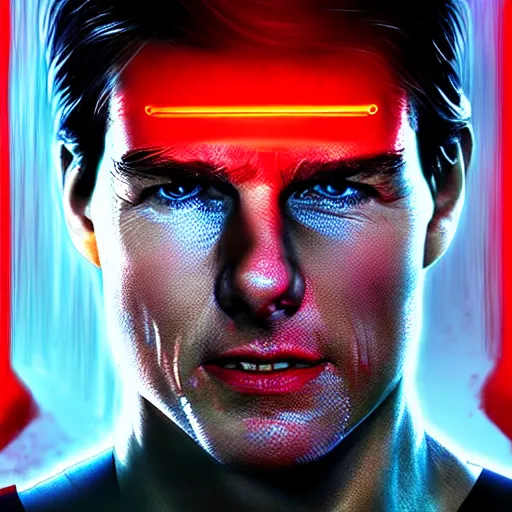 Image similar to Tom Cruise as a digital Cyborg, red wires coming out of his face, red glow in eye, sci-fi movie digital art