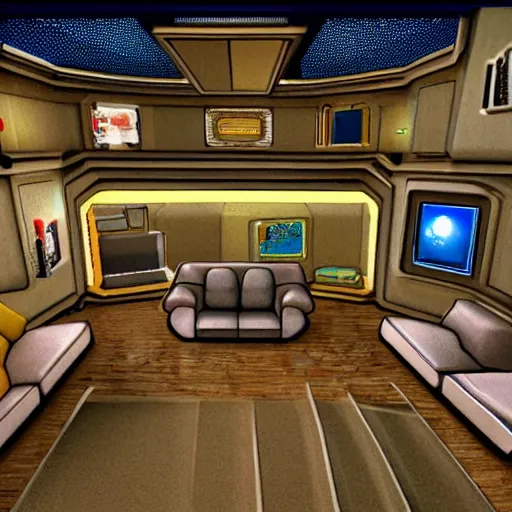 Prompt: a living room with futuristic furniture, from a Lucasarts graphic adventure game made in 1995