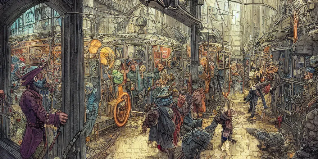 Prompt: a wizard is entering the subway in manhattan, bokeh, depth of field, hyperdetailed color illustration by moebius, kim jung gi, irakli nadar, intricate linework, incredibly detailed faces, extremely sharp focus