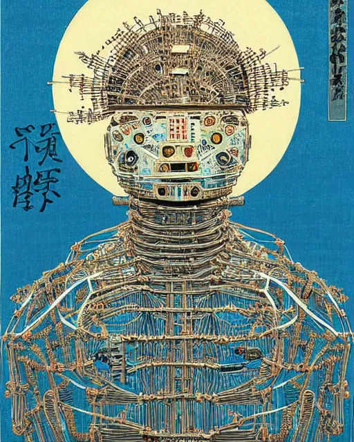 Image similar to Hiroshige portrait of a robot saint made of cables and robotic pod by victo ngai