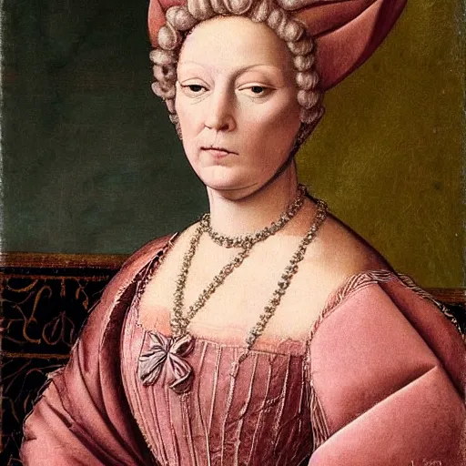 Image similar to detailed renaissance style portrait, donald trump as a royal woman during the renaissance, she is wearing pale makeup with light pink cheeks, the overall vibe is very emotionless and empty