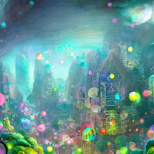 Image similar to a utopian city, filled with extremely colorful fauna, with bubbles floating around everywhere, dynamic lighting, fantasy concept art, trending on art station, stunning visuals, creative, cinematic, ultra detailed