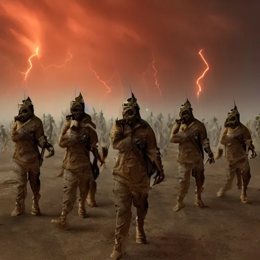 Image similar to an army of apocalyptic warrior soldiers frogs, marching to war, cinematic and dramatic lightning, artstation trending, 8 k, octane render, matte painting, horror, vivid