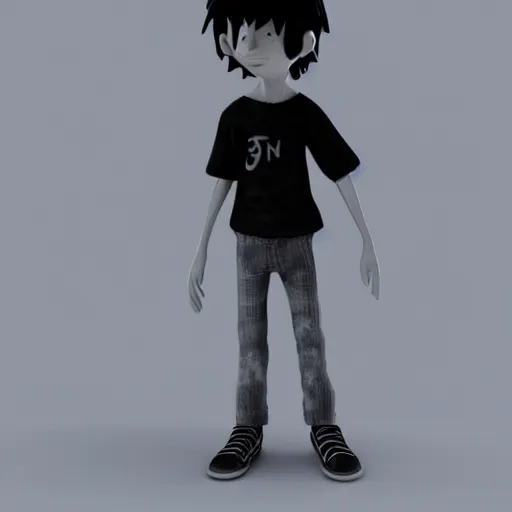 Prompt: a black and white 3d render of a character, boy wearing plain clothes, black hair and pale skin, dirty clothes, stylized 3d render, coraline and neil gaiman inspired, pixar render quality