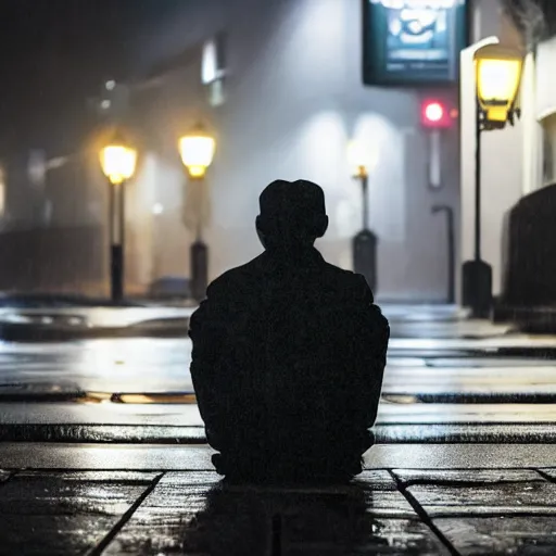 Image similar to lonely man waiting in rain at night under a street lamp